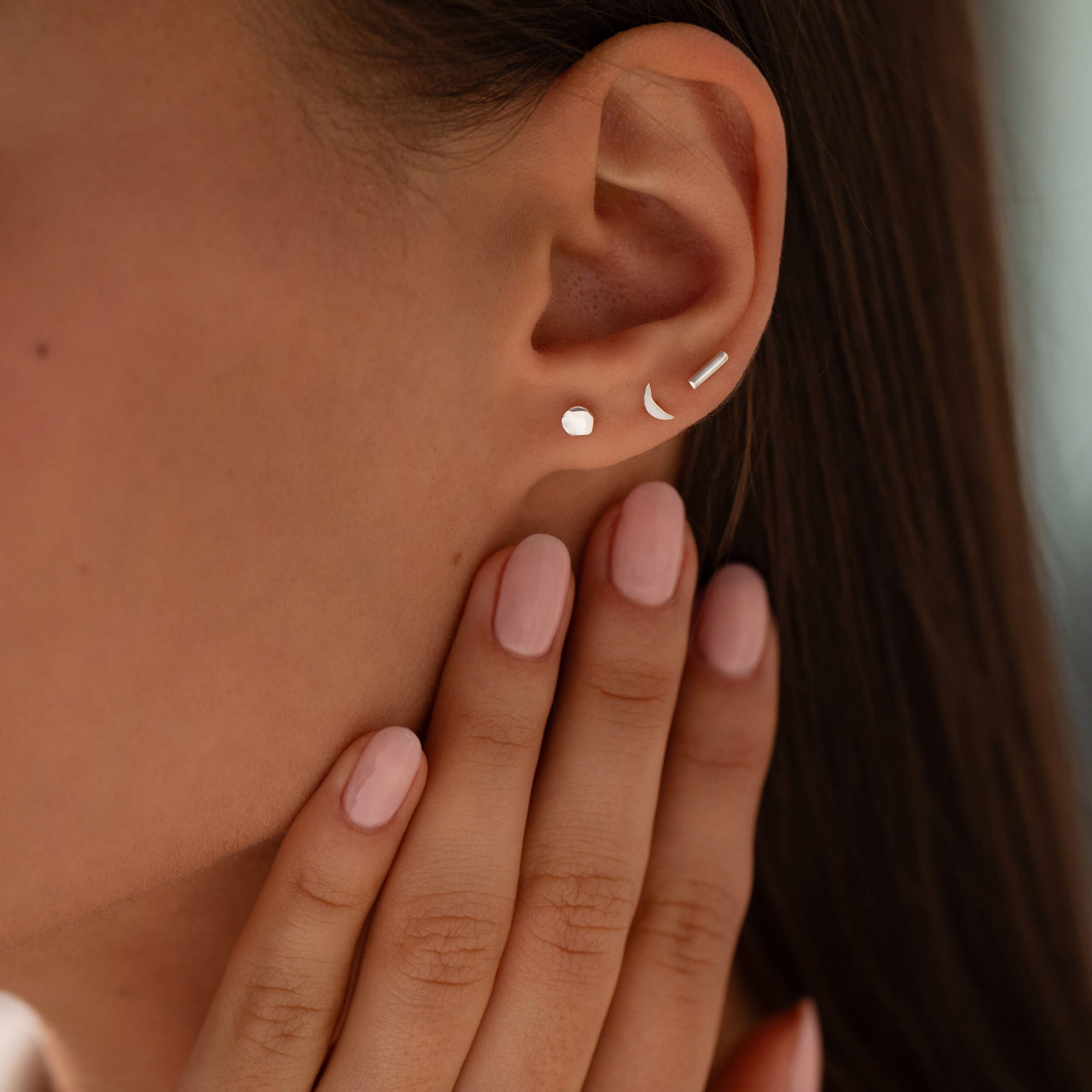 tiny silver studs, second piercing studs, hammered silver stud, crescent moon studs, simple silver studs