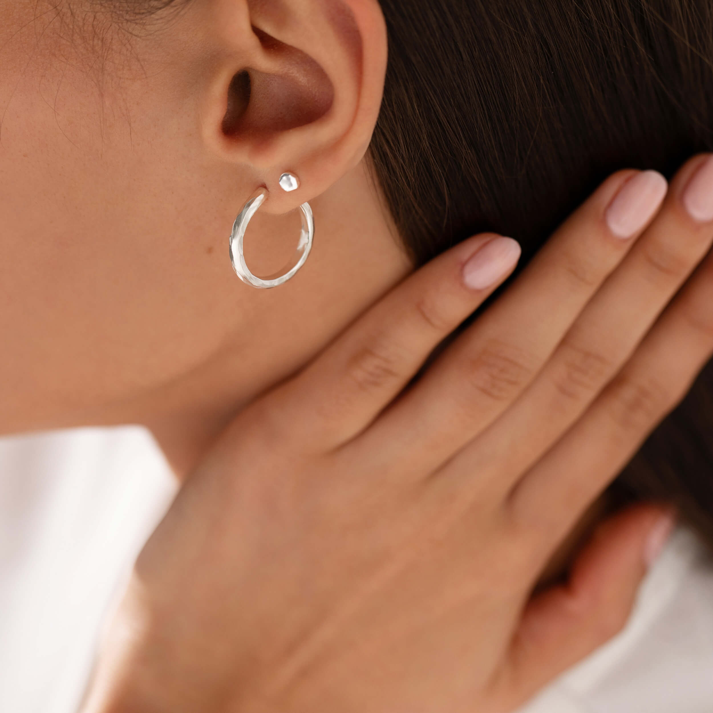 rebecca hoops, christina studs, hammered earrings, classy silver earrings