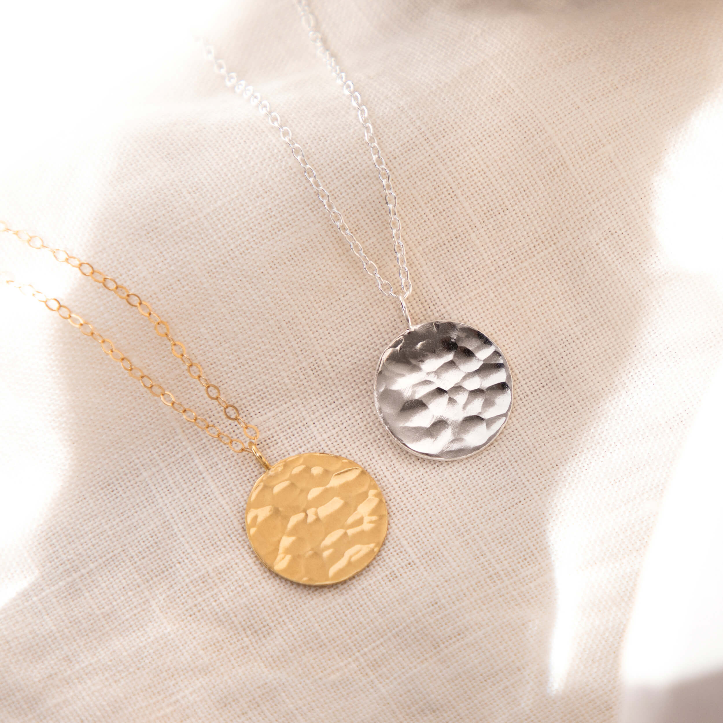 hammered circle necklace, gold hammered necklace, silver hammered necklace, gabriella jewellery, eleanor jewellery, dainty gold circle necklace