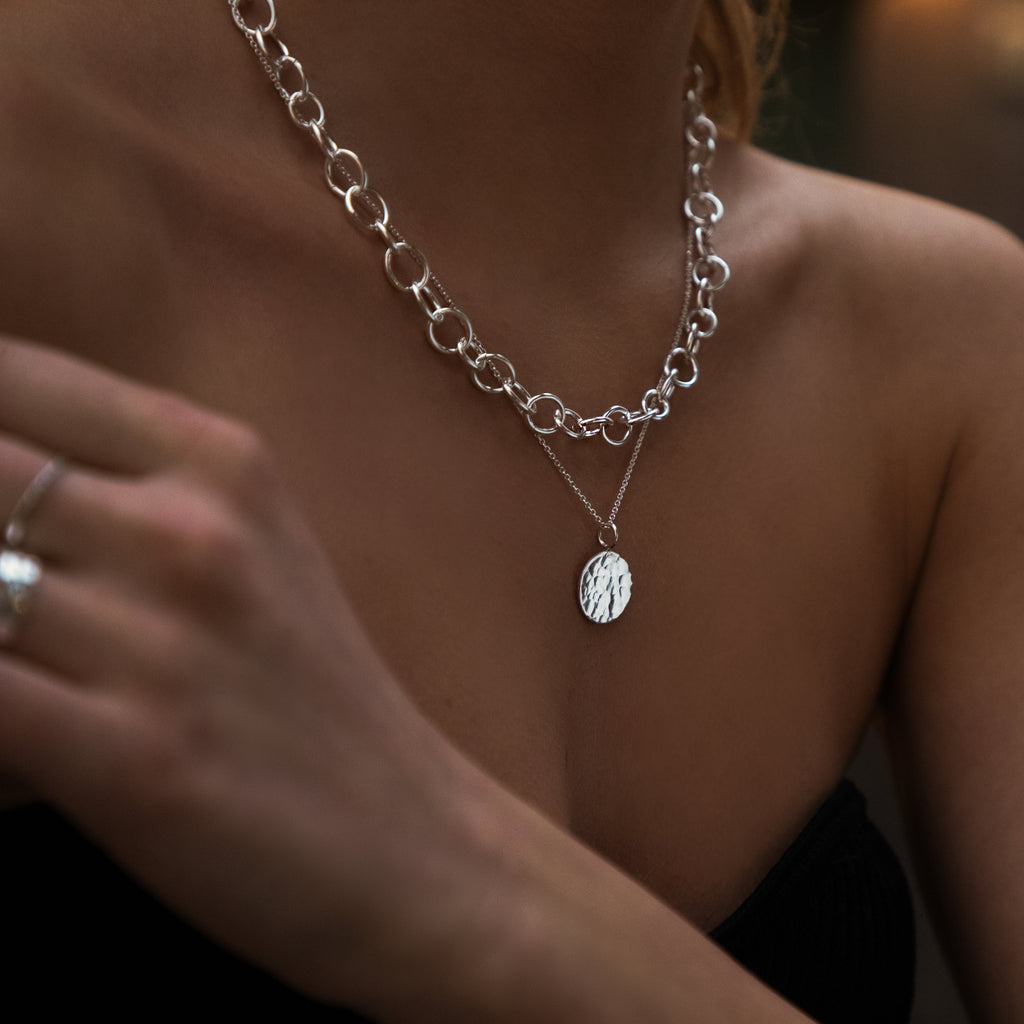 gabriella necklace, manchester necklace, silver circle necklace, handmade silver necklace