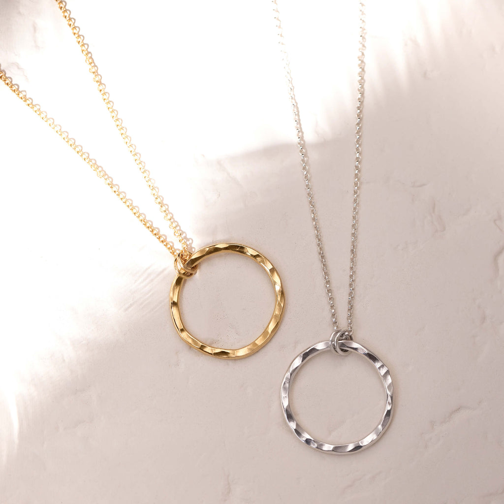 sheila necklace, hammered pendant necklace, circle pendant necklace