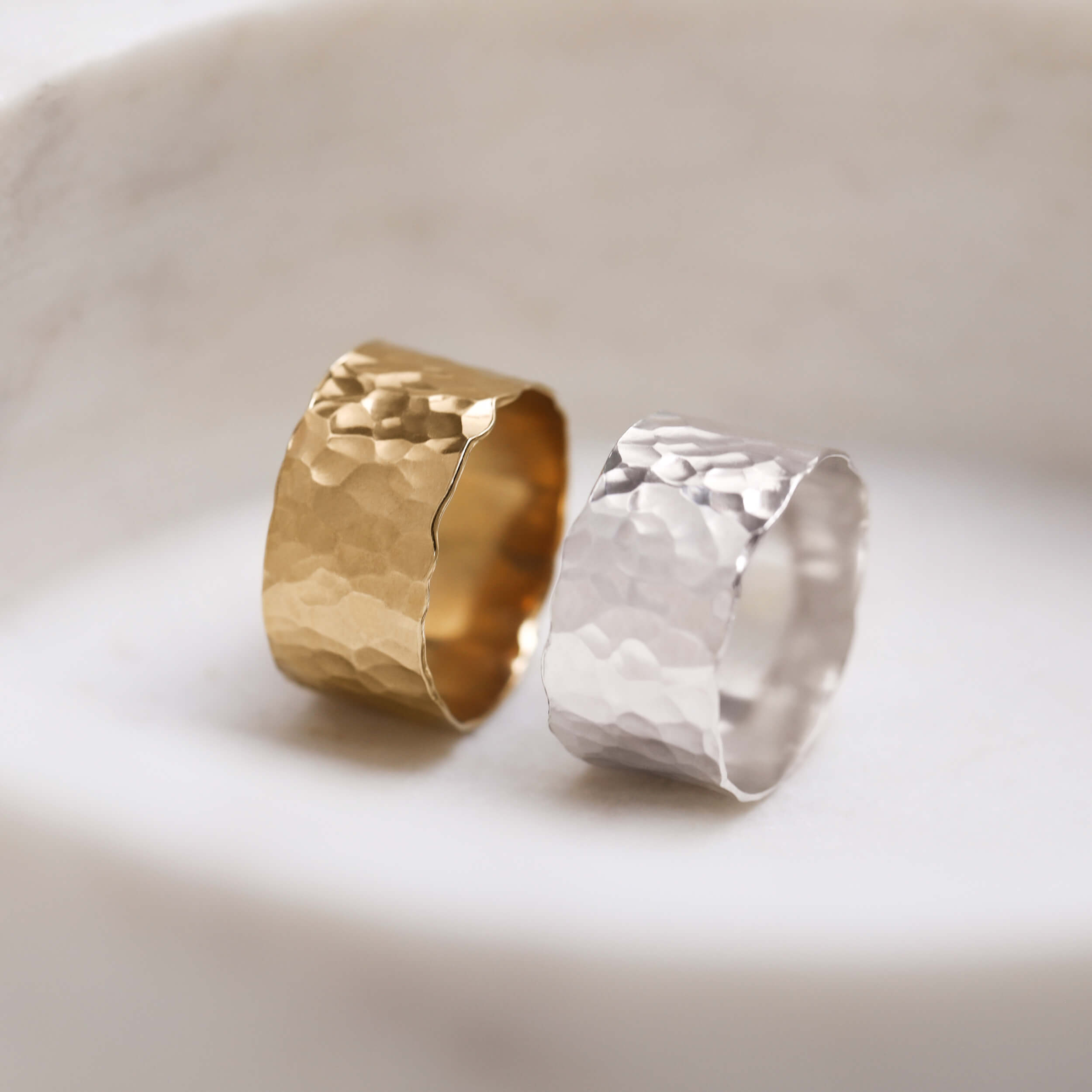 wide hammered ring, gold hammered flat ring, hammered silver chunky ring
