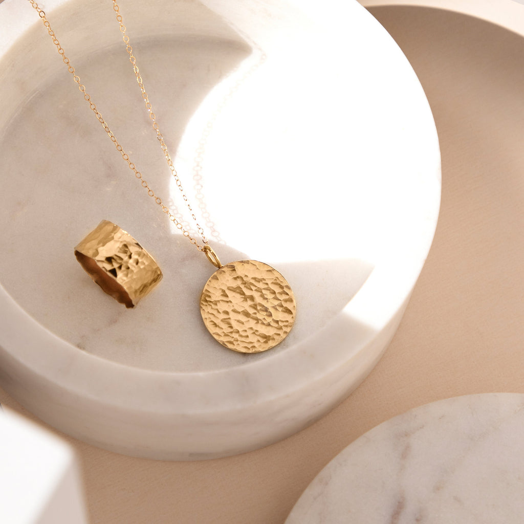 hammered circle necklace, textured pendant necklace, gold circle necklace, eleanor jewellery design, luxury ethical jewellery