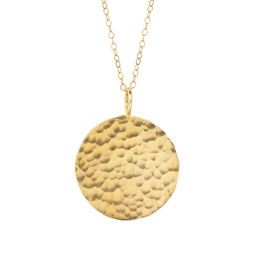 gold gabriella necklace, large hammered gold pendant, eleanor jewellery design