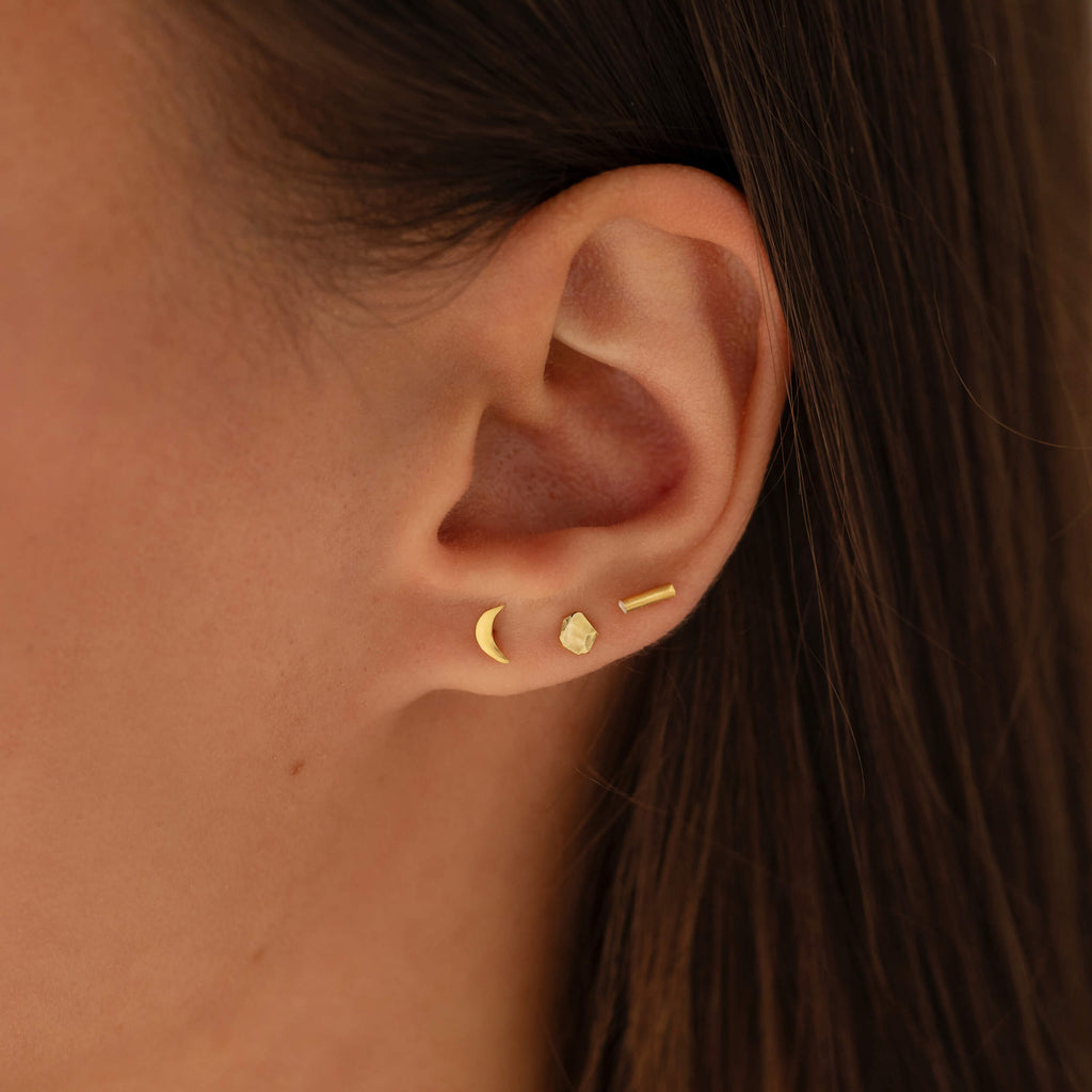 tiny gold earrings, tiny gold studs, hammered gold studs, gold crescent studs, eleanor jewellery design