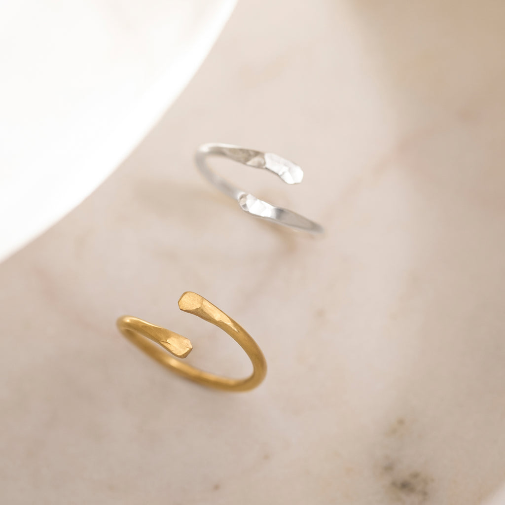 gold emilia ring, silver emilia ring, eleanor jewellery design, open ring, adjustable silver ring, adjustable gold ring